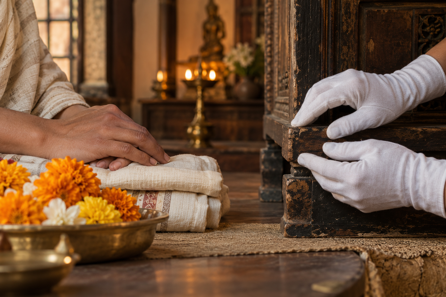 A visitor's bare hands rest near marigold flowers while gloved hands carefully examine the edge of an old wooden object in a devotional room.