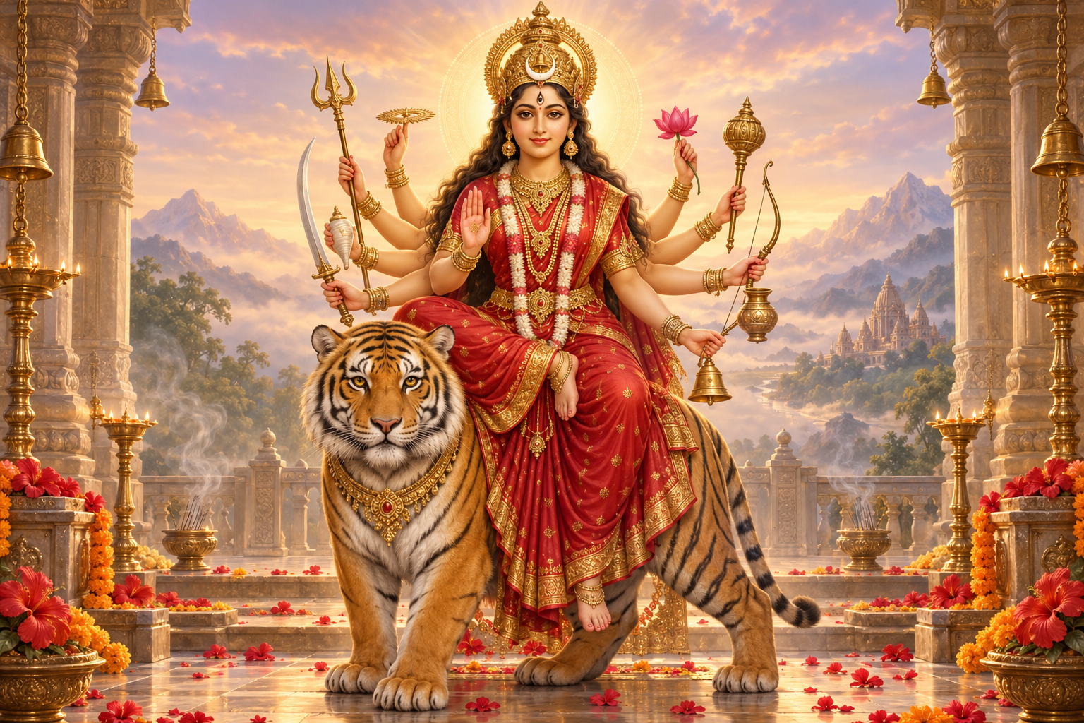 Devotional illustration of ten-armed Maa Chandraghanta riding a tiger, with a crescent bell ornament on her forehead and one hand raised in blessing.