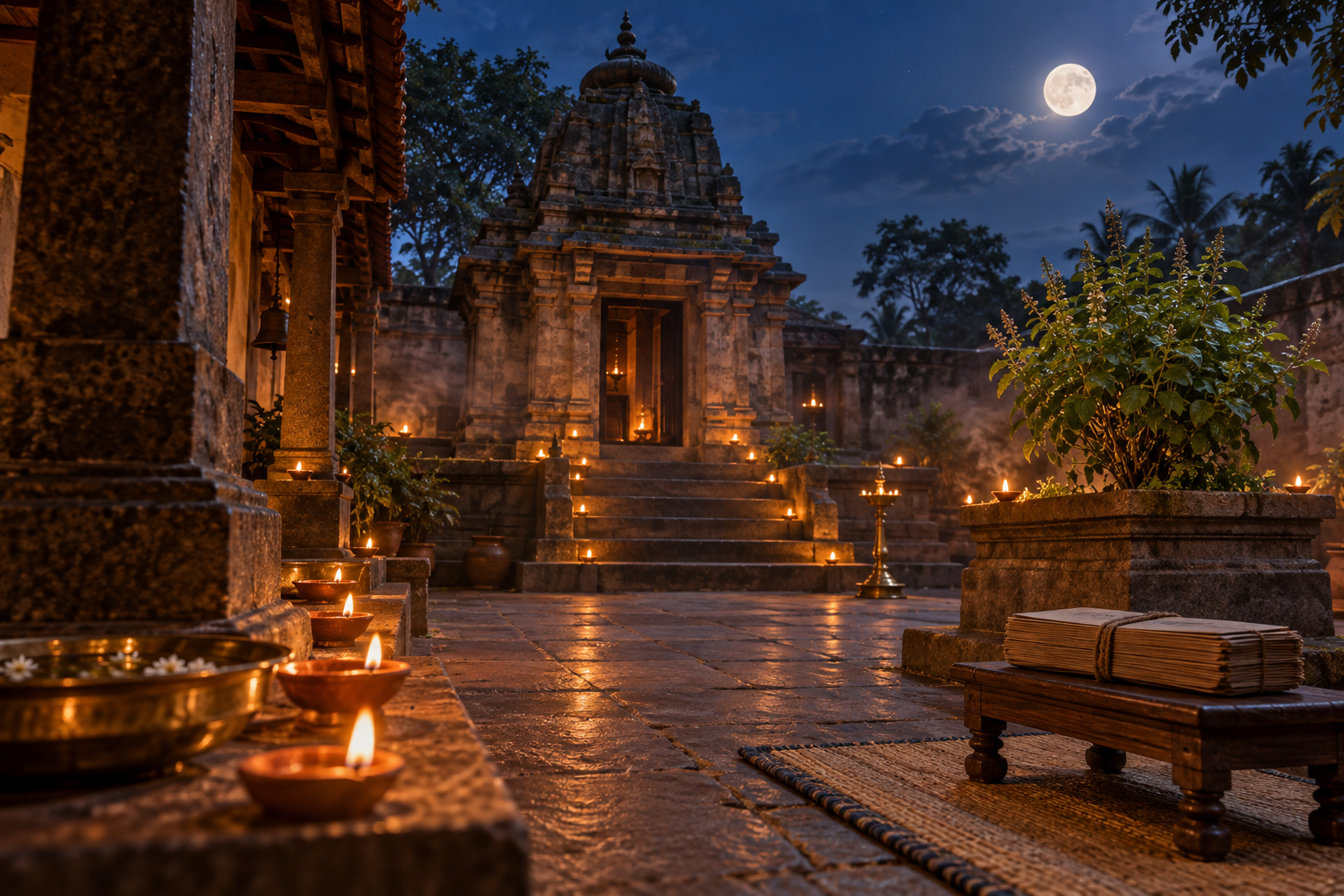 Clay oil lamps glow beside a tulsi plant and a closed bundle of palm-leaf manuscripts in a temple courtyard under a full moon.