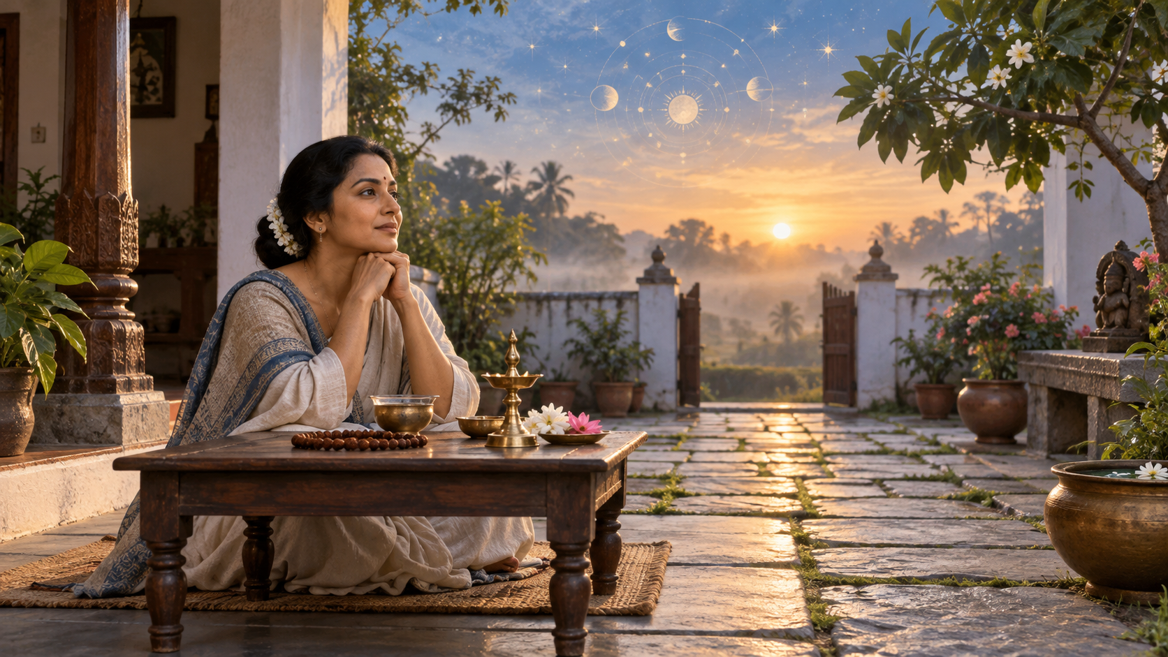 A person sits thoughtfully in a dawn courtyard beside a lamp, prayer beads, water, and flowers as a subtle celestial pattern appears overhead.