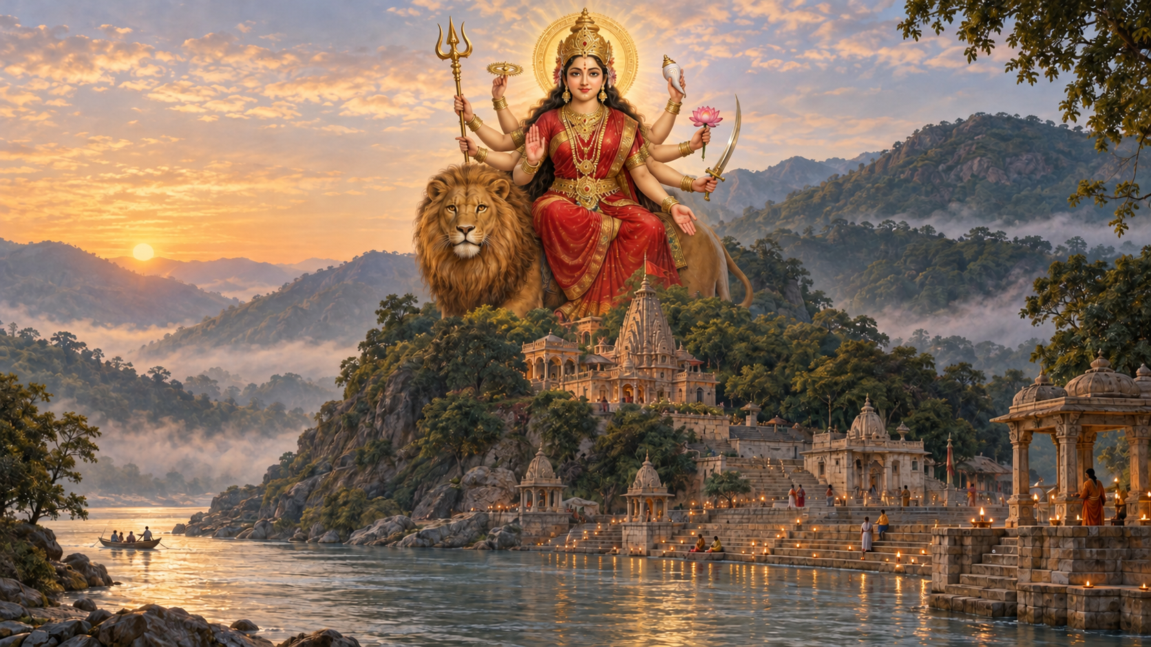 Illustration of Goddess Vindhyavasini seated on a lion above a hill shrine, forested Vindhya slopes and the Ganges at dawn.