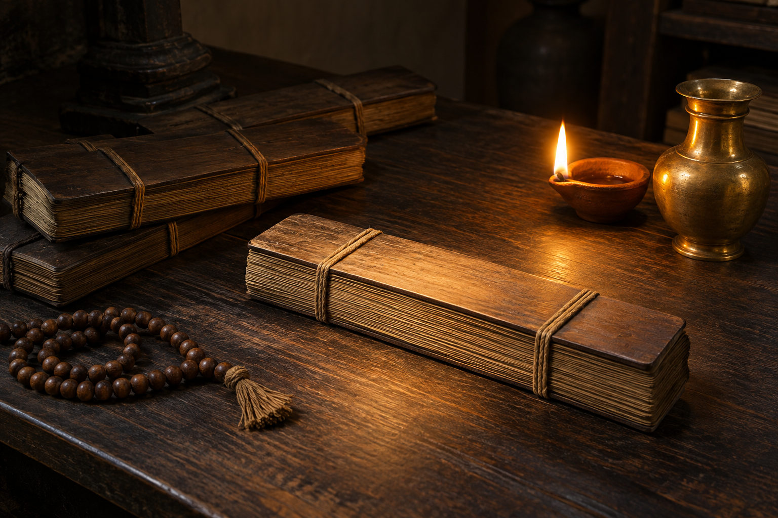 Closed palm-leaf manuscript bundles, prayer beads, a brass vessel, and a burning clay lamp rest on a wooden reading table.