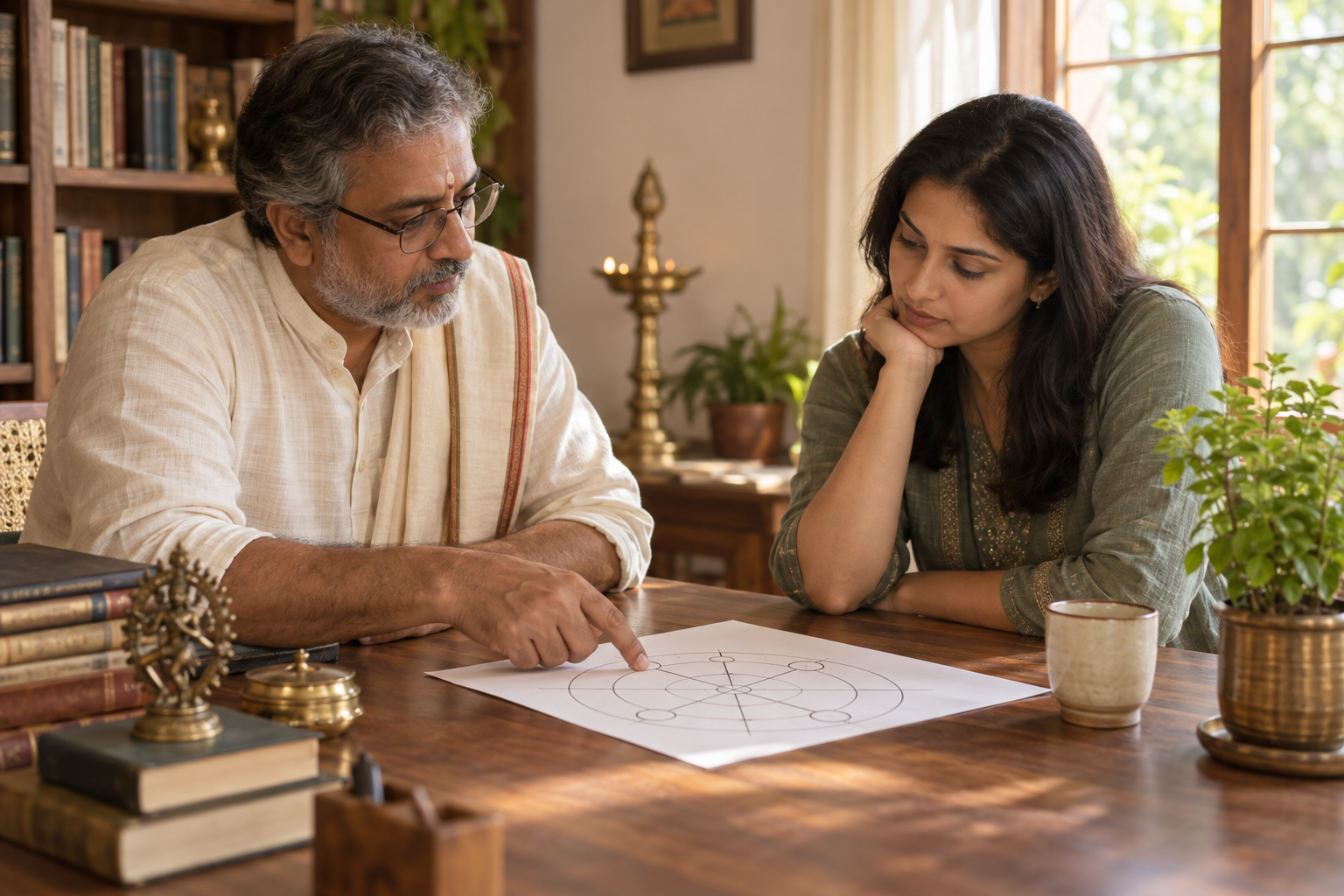 A practitioner carefully discusses an abstract geometric diagram with a seated seeker in a quiet, sunlit study.