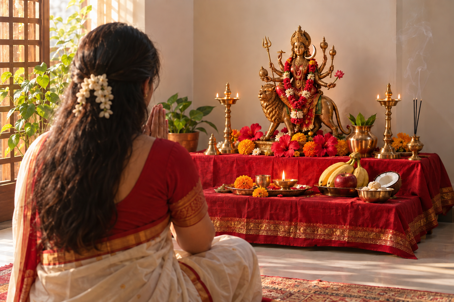 A devotee praying before a simple Navratri home altar with an oil lamp, flowers, fruit, incense, and a copper vessel.