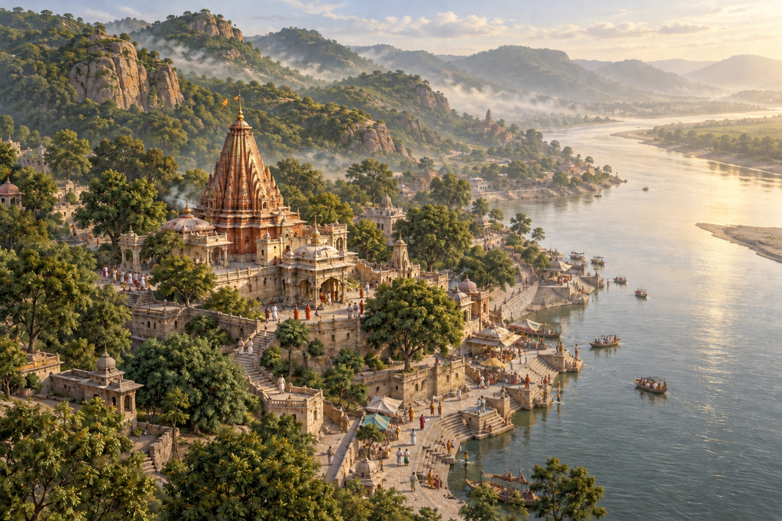 Oblique landscape illustration of a temple settlement between the Vindhya hills and the Ganges, with ghats, winding lanes and pilgrims.