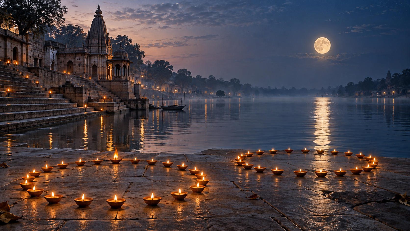 Two circular arrangements of clay lamps sit beside a moonlit temple ghat, with an autumn full moon reflected in the river.