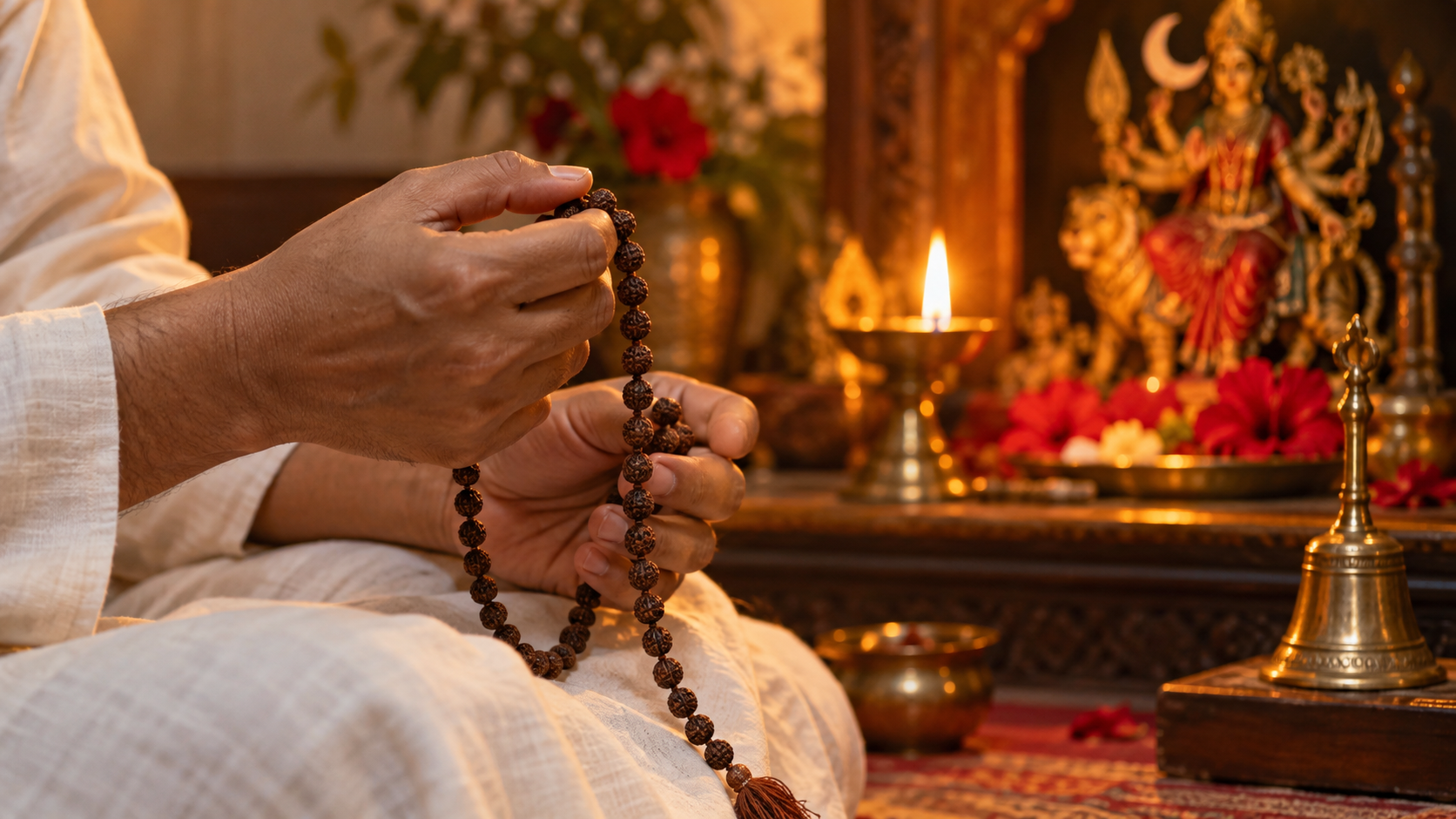 Hands holding a rudraksha mala beside a brass bell, oil lamp, and red flowers during quiet mantra practice.