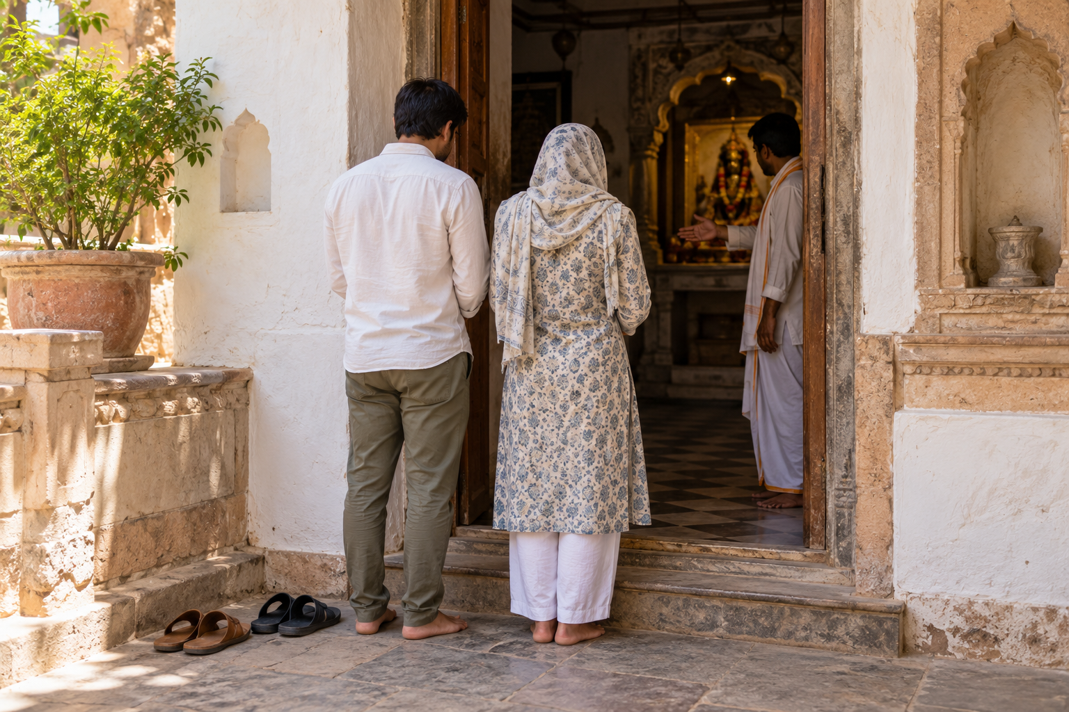 Two visitors pause barefoot at a narrow doorway with their footwear arranged outside while an attendant gestures toward the permitted path inside.
