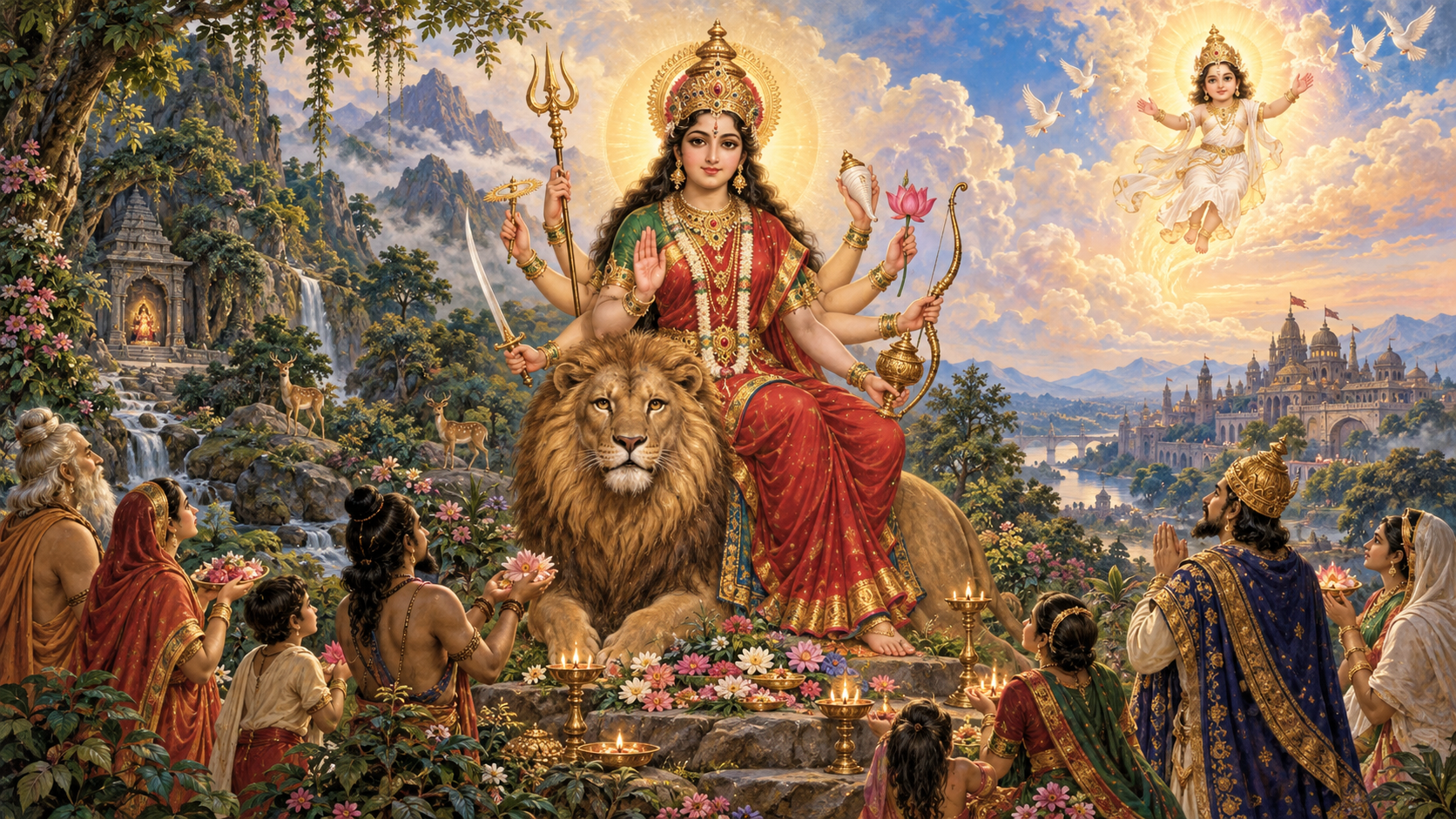 Devotional illustration of Vindhyavasini at the center of layered mountain, forest and infant-goddess narrative scenes, with worshippers offering lamps below.