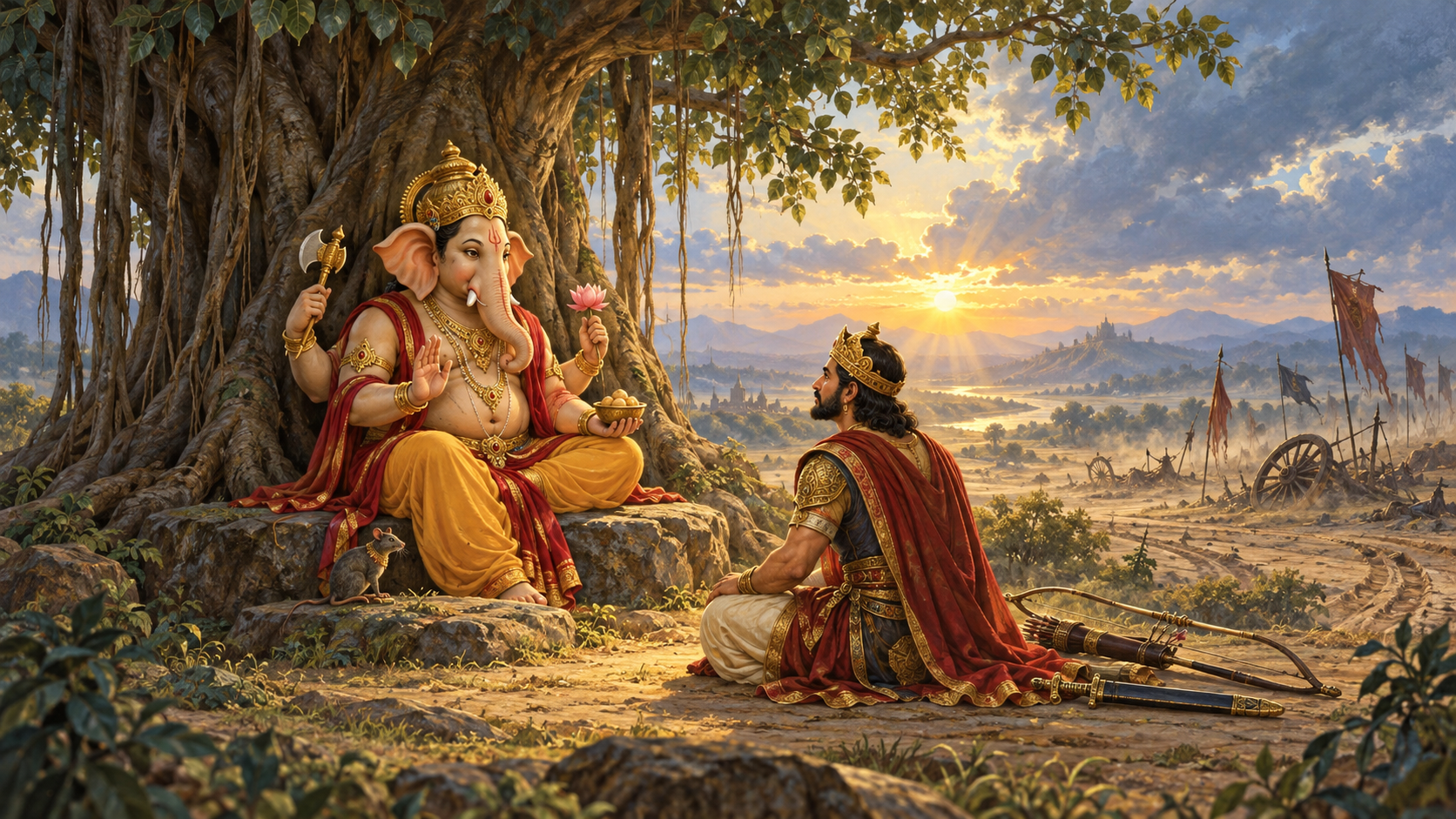 Ganesha teaches the kneeling King Varenya beneath a banyan tree after a battle, with laid-aside weapons and dawn light in the distance.