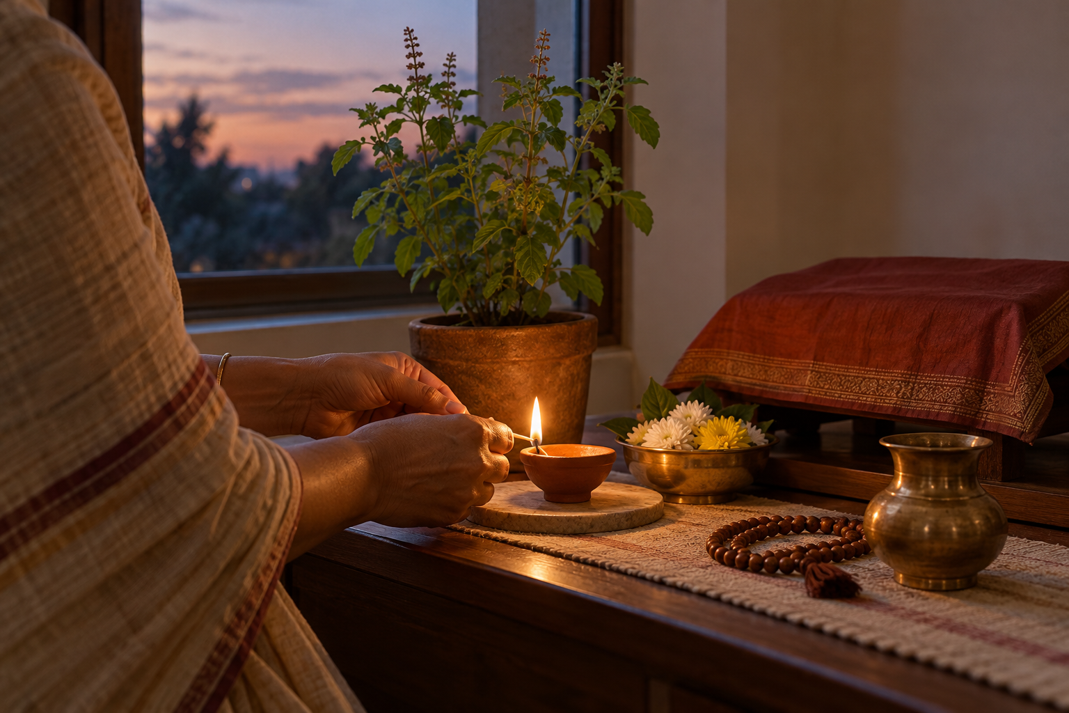 A devotee lights a clay oil lamp beside a tulsi plant, flowers, prayer beads, a covered scripture stand, and a water vessel.