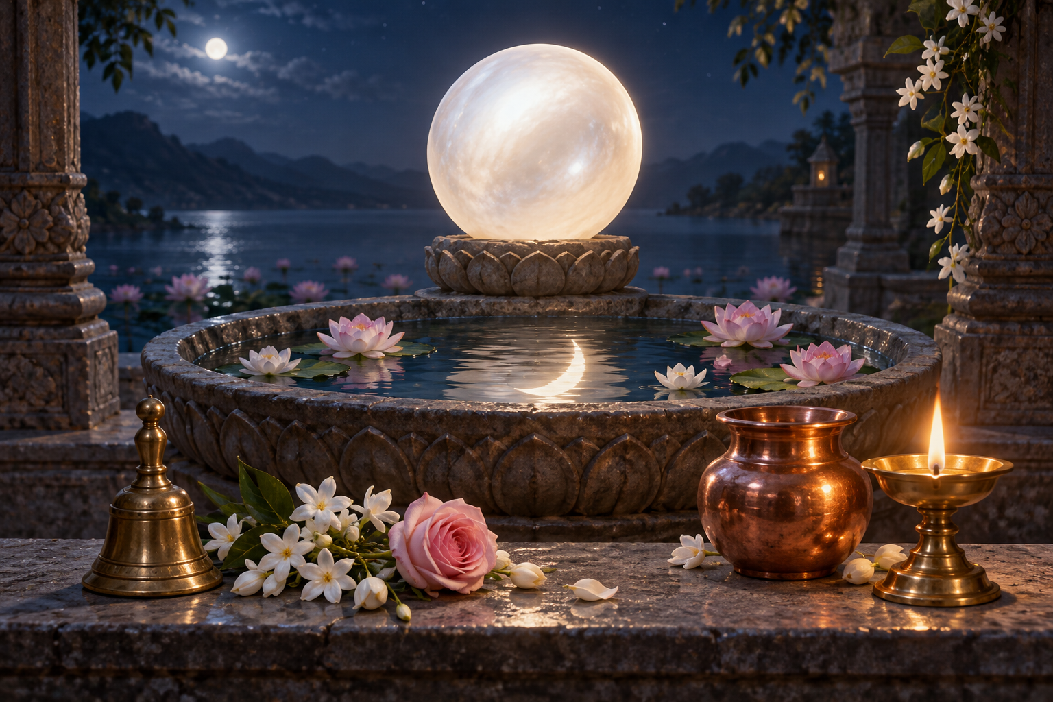 A glowing white celestial sphere above lotus water, with a brass bell, jasmine flowers, copper vessel, and oil lamp arranged below.