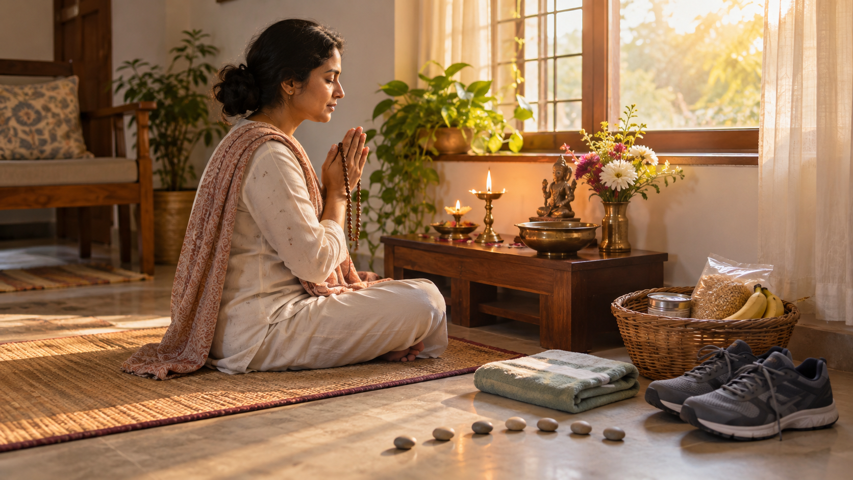 A person follows a simple home practice beside a lamp, prayer beads, flowers, walking shoes, and a basket of food for donation.