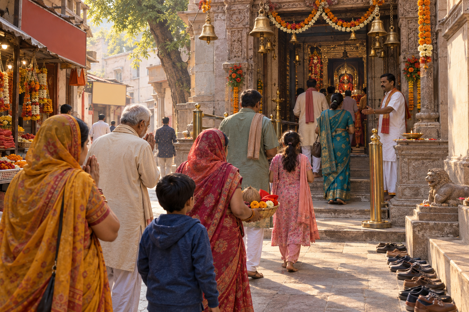 Pilgrims carrying flowers and offerings approach a North Indian temple entrance in a narrow lane during morning worship.