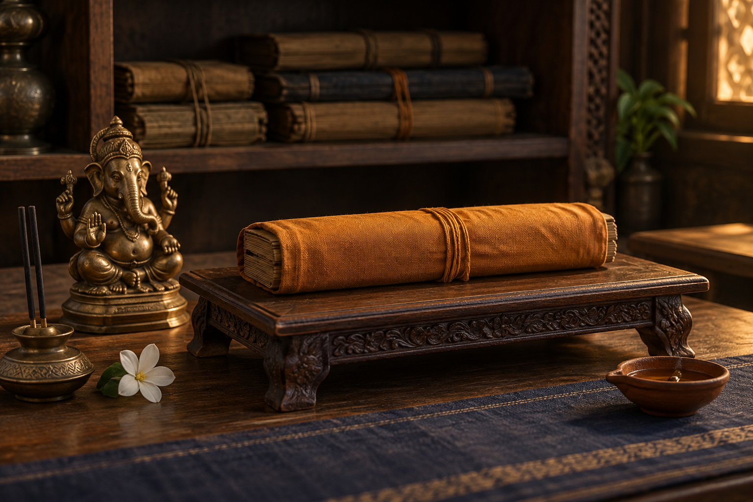 A wrapped palm-leaf manuscript sits apart on a wooden stand beside a small brass Ganesha figure, a white flower and an oil lamp.
