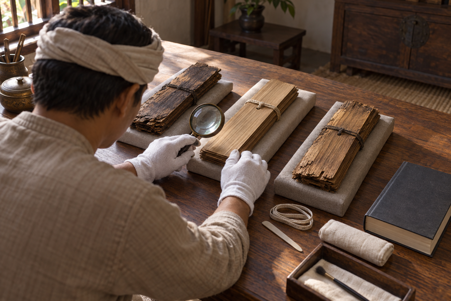 A scholar uses a magnifying lens to compare several unmarked palm-leaf manuscript bundles on an archival worktable.
