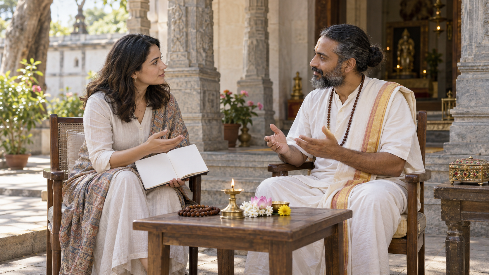 A seeker questions a spiritual adviser beside simple ritual items while a closed ornate gemstone box sits apart on the table.