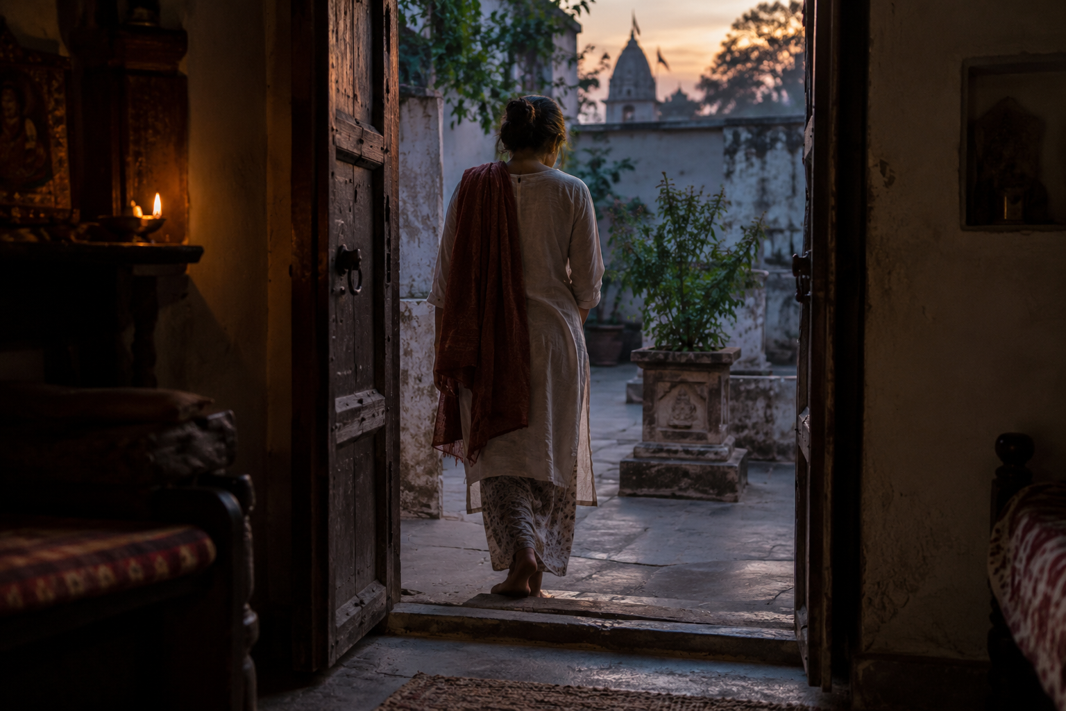 A lone visitor pauses at the threshold of a dim room while looking into a Vrindavan courtyard at dusk.