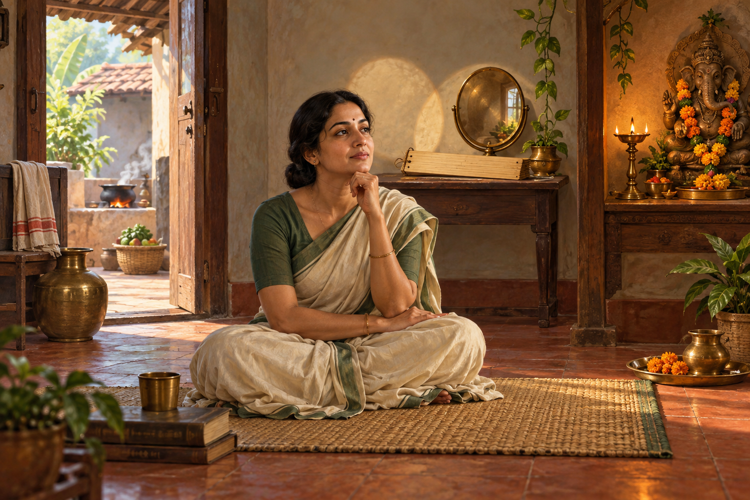 A seated practitioner reflects between a household setting, a blank manuscript with a mirror, and a small Ganesha shrine lit by an oil lamp.
