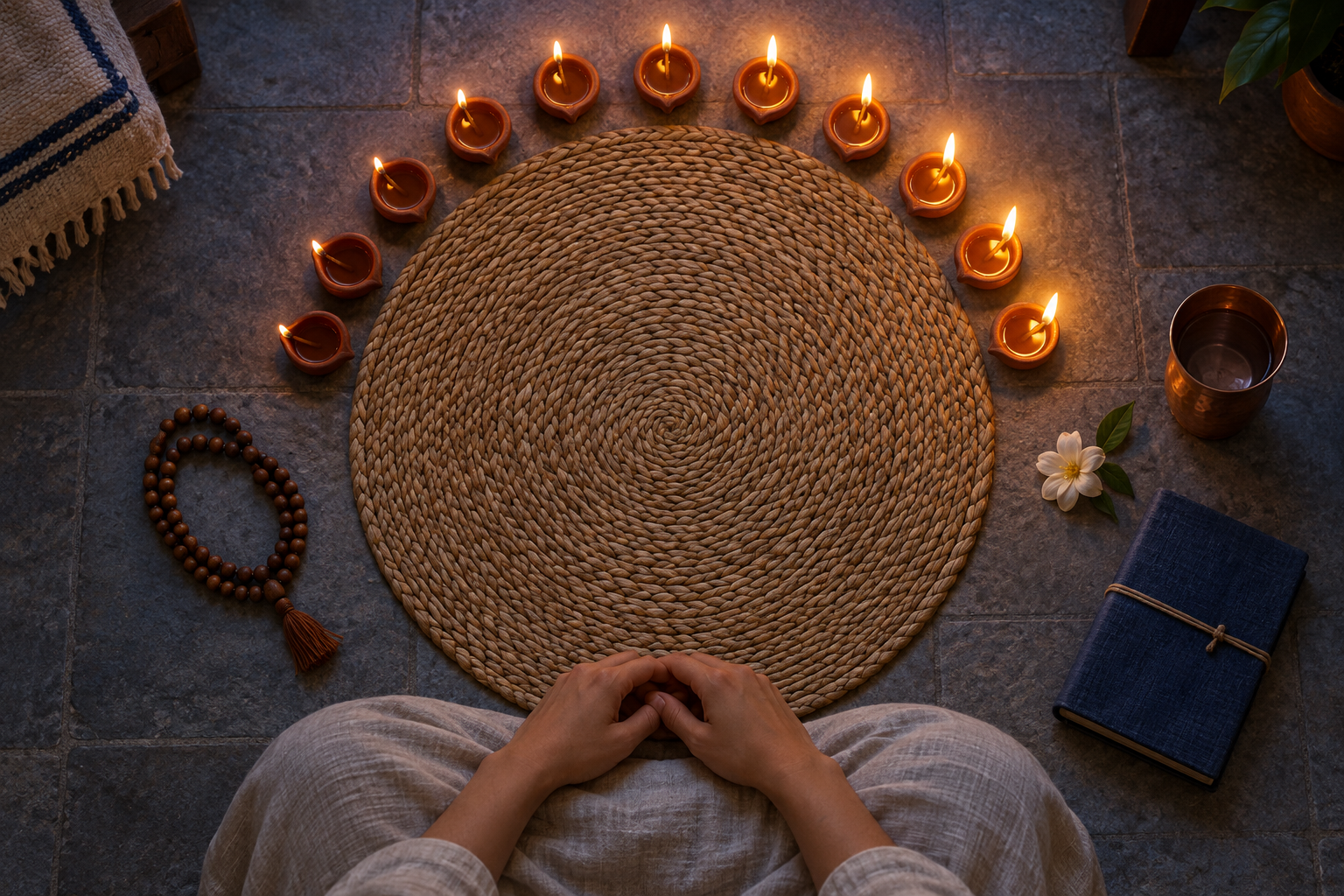 Eleven small clay oil lamps form an arc around a woven meditation mat beside prayer beads, a copper cup, a flower and a closed book.
