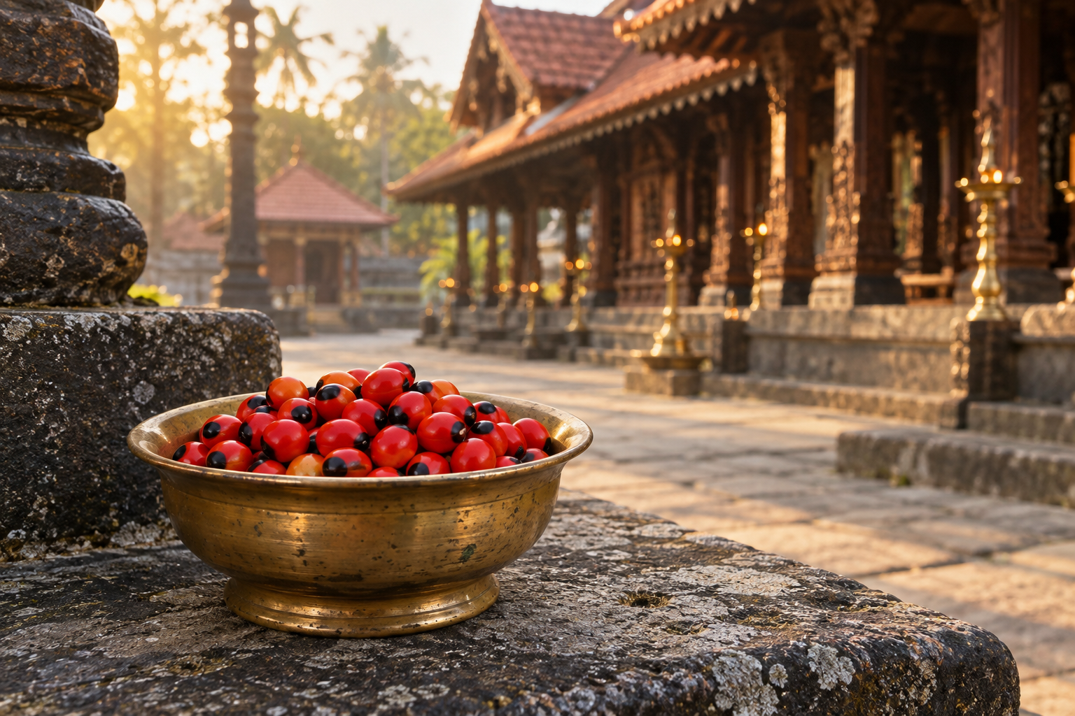 Bright red-and-black Kunnikuru seeds rest in a small brass bowl outside a traditional Kerala temple at dawn.