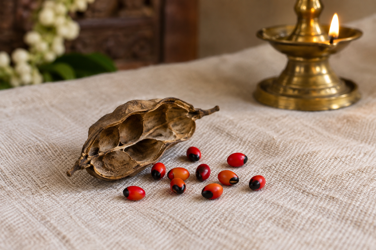 A small group of red-and-black Kunnikuru seeds and an opened dry seed pod lie on plain cotton cloth beside a brass oil lamp.