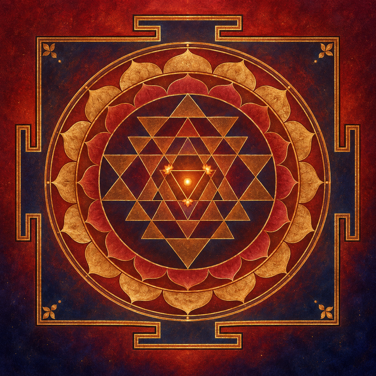 A gold-lined Sri Chakra on a deep red and indigo ground, with a small central triangle visibly enclosing a separate luminous point and three lights at its vertices.