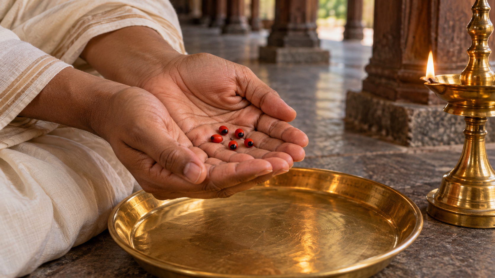 Cupped hands hold a few small red-and-black Kunnikuru seeds above a brass tray beside a glowing oil lamp.