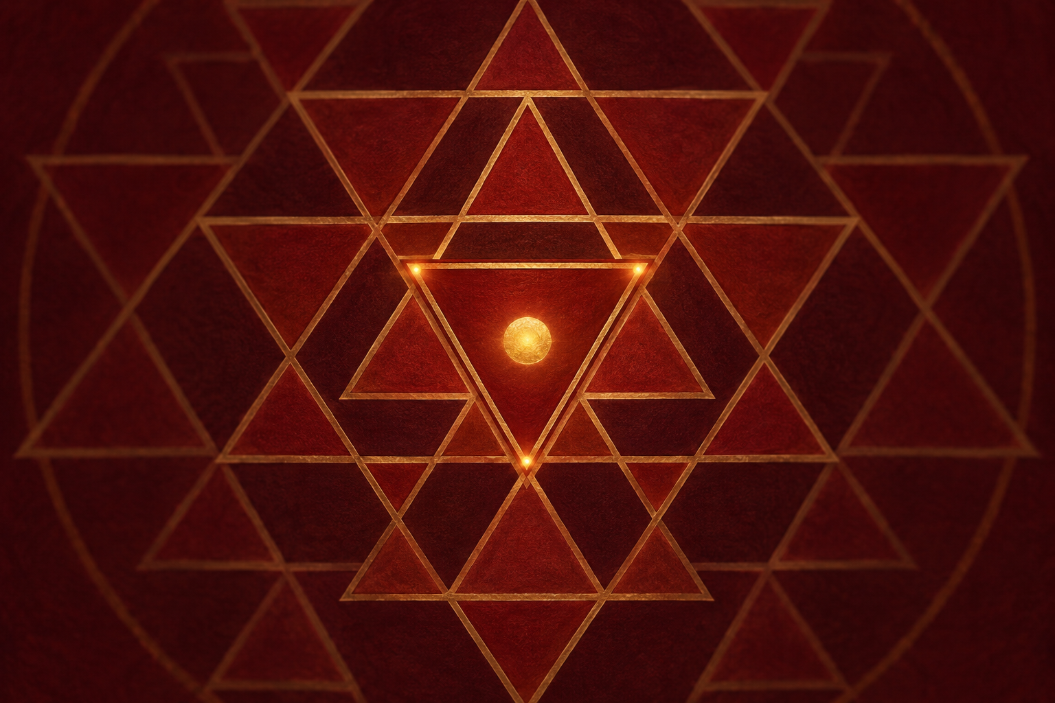 Close-up of the Sri Chakra center showing the innermost triangle in sharp gold lines and a distinct glowing point inside it.