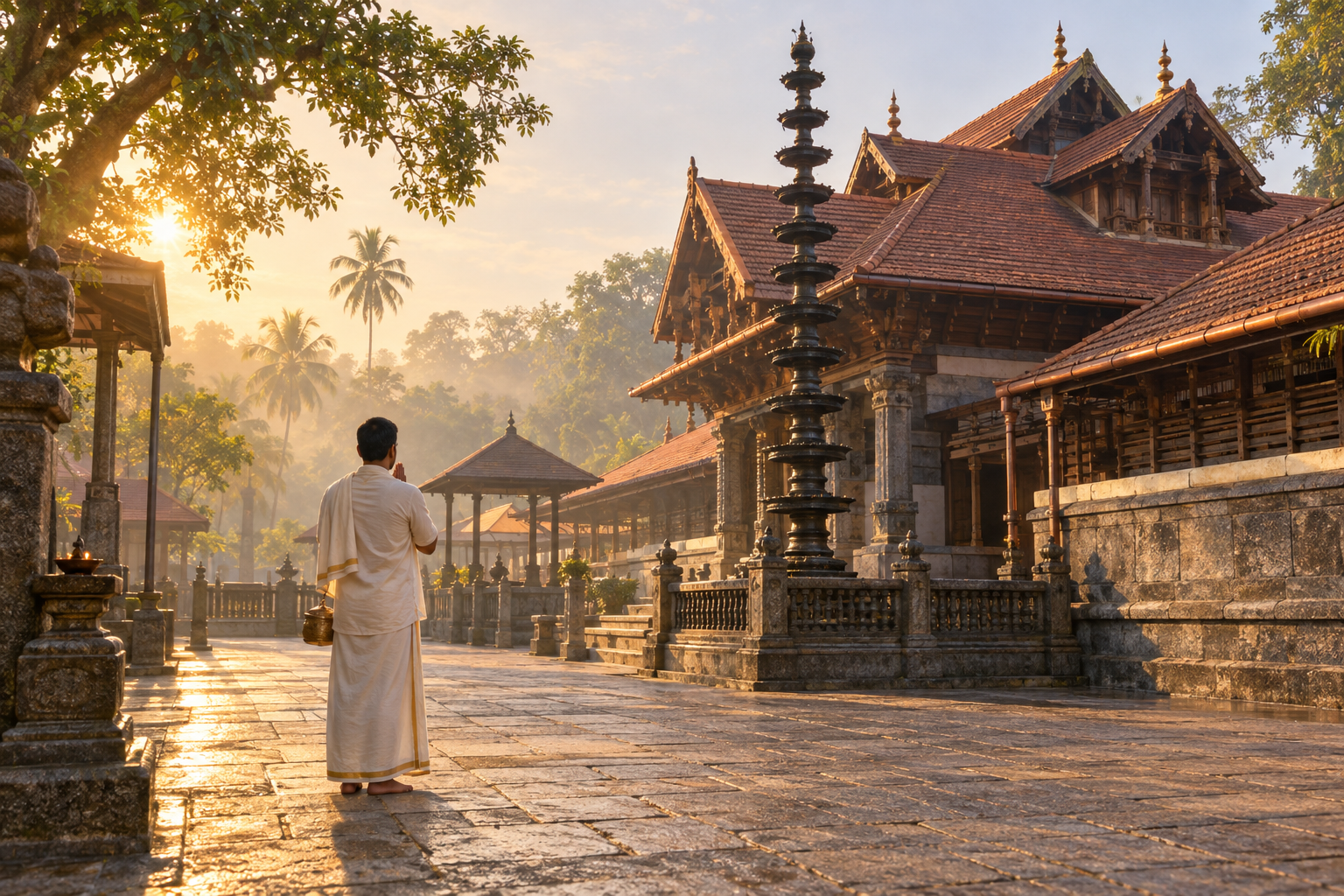 A pilgrim with joined hands stands on the outdoor stone approach to a traditional Kerala temple in the morning light.