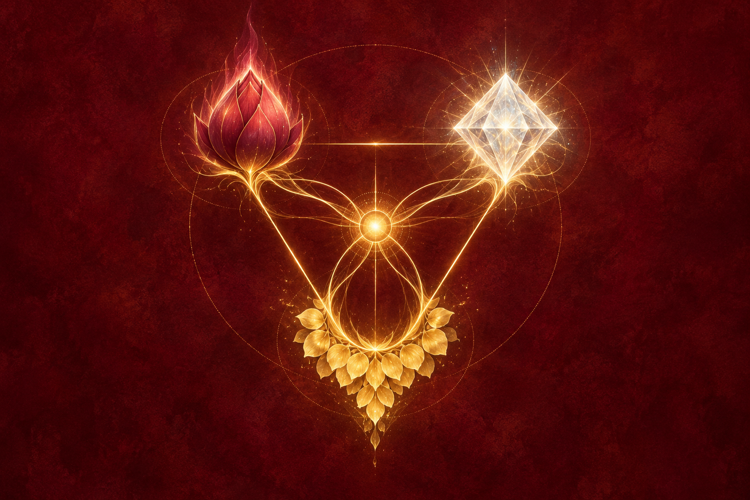 A golden triangle with a crimson lotus flame, a white faceted light, and a garland of golden petals at its three connected vertices.
