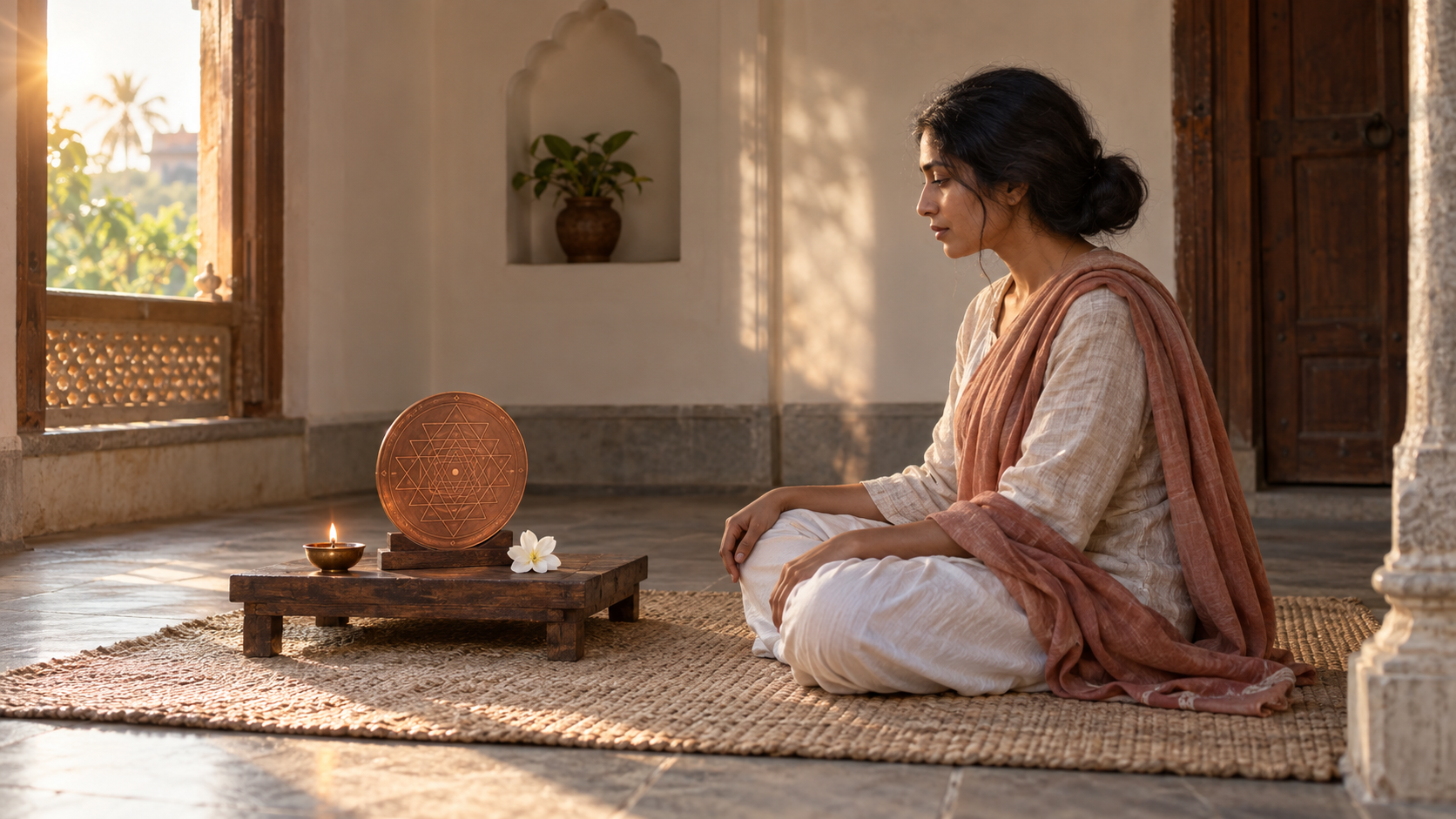 A seated practitioner quietly observes a copper Sri Chakra beside a single oil lamp and flower in a simple sunlit room.