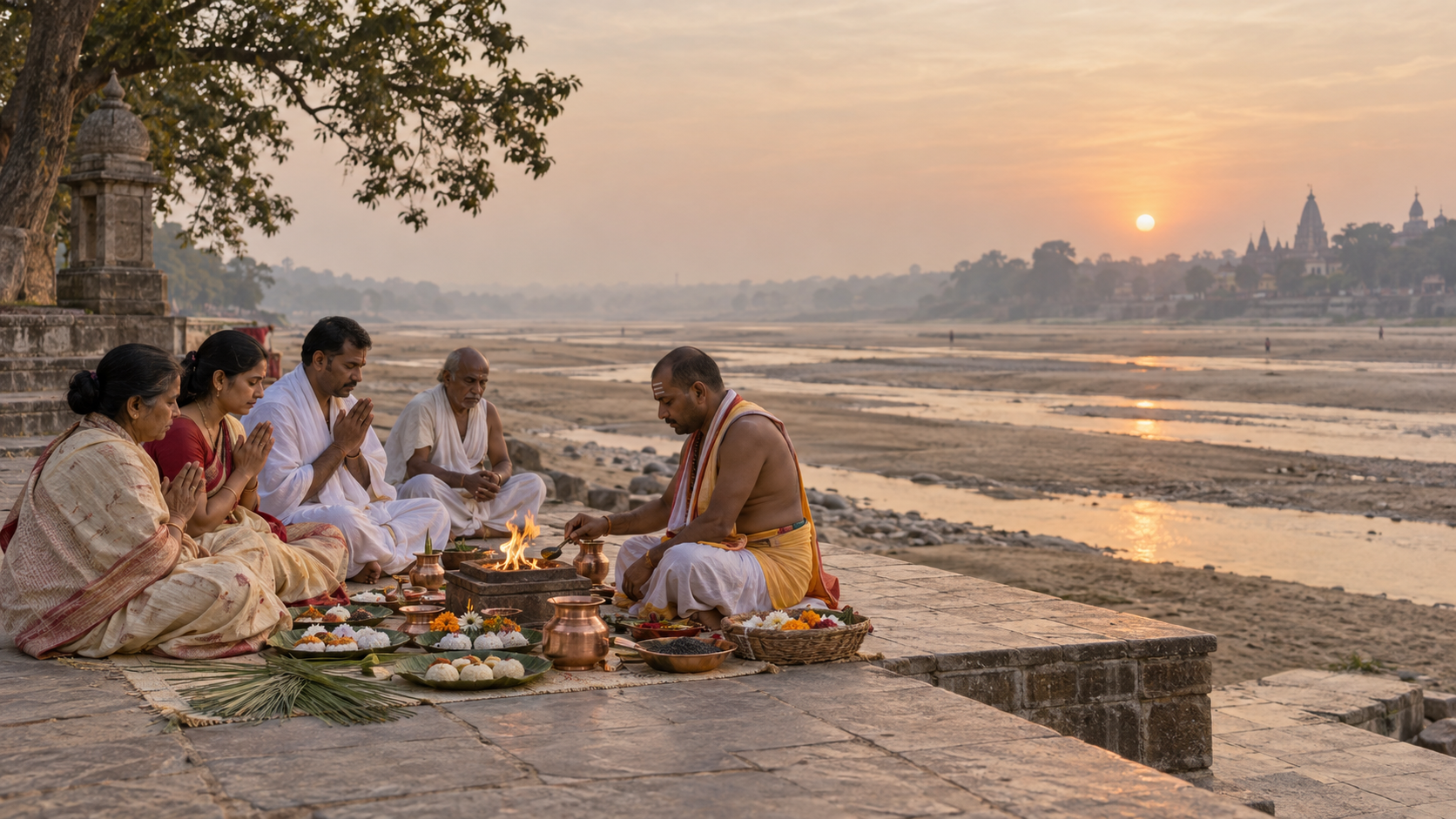 A family and ritual officiant sit beside a small sacred fire with copper vessels and rice offerings near the Falgu riverbed at dawn in Gaya.
