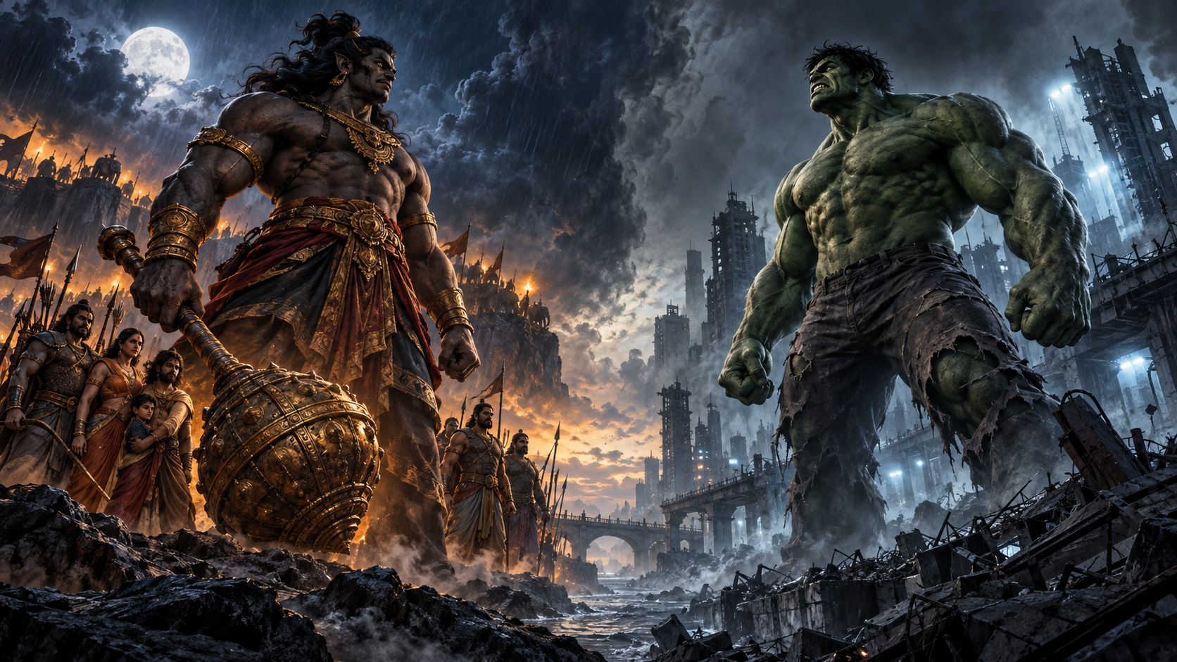 Ghatotkacha and an emerald-skinned modern giant stand on opposite sides of a moonlit battlefield and a damaged city, with allies behind Ghatotkacha and the other figure alone.