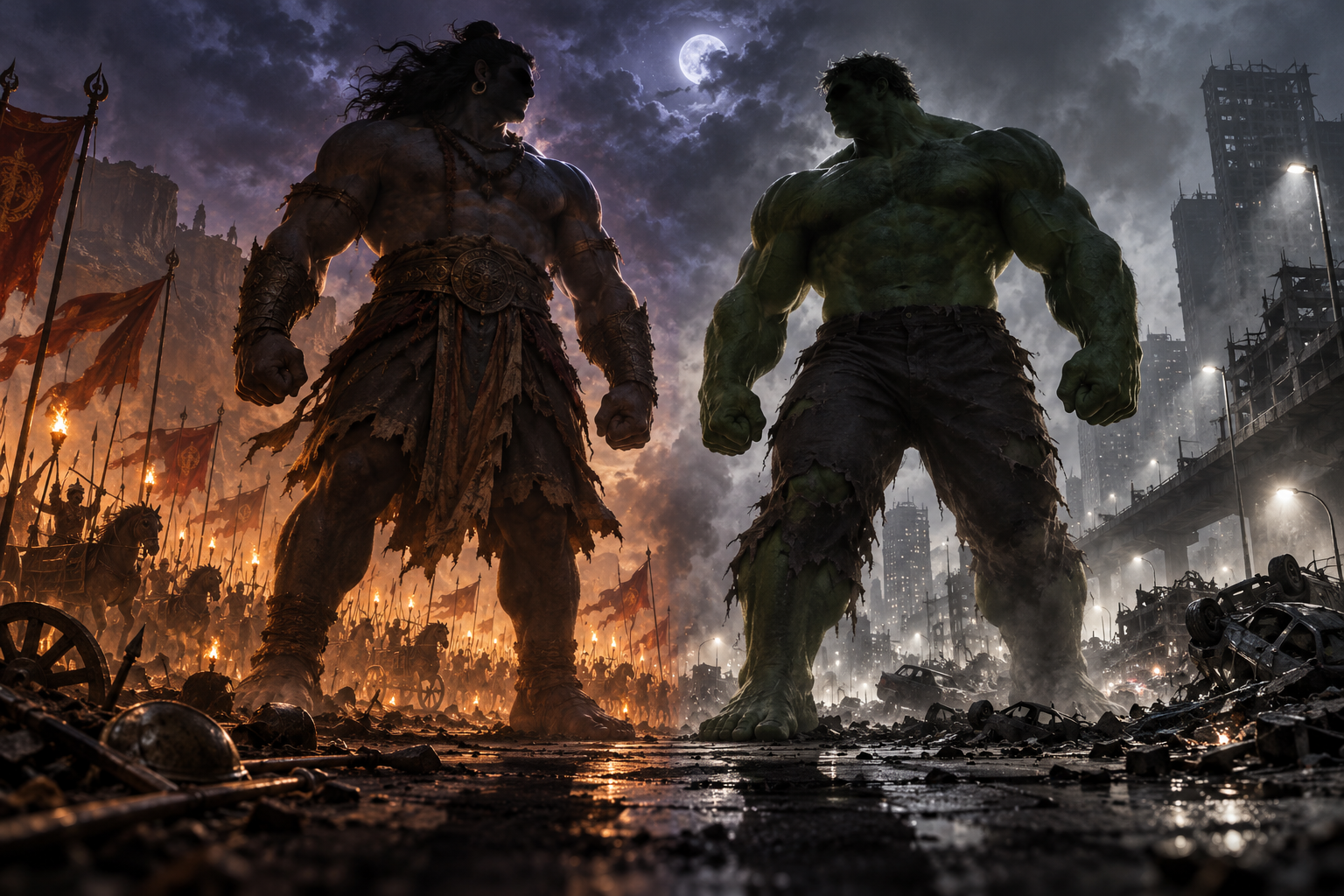 Two similarly shaped giant warriors are shown from below, one above an ancient battlefield and the other above a damaged modern city.