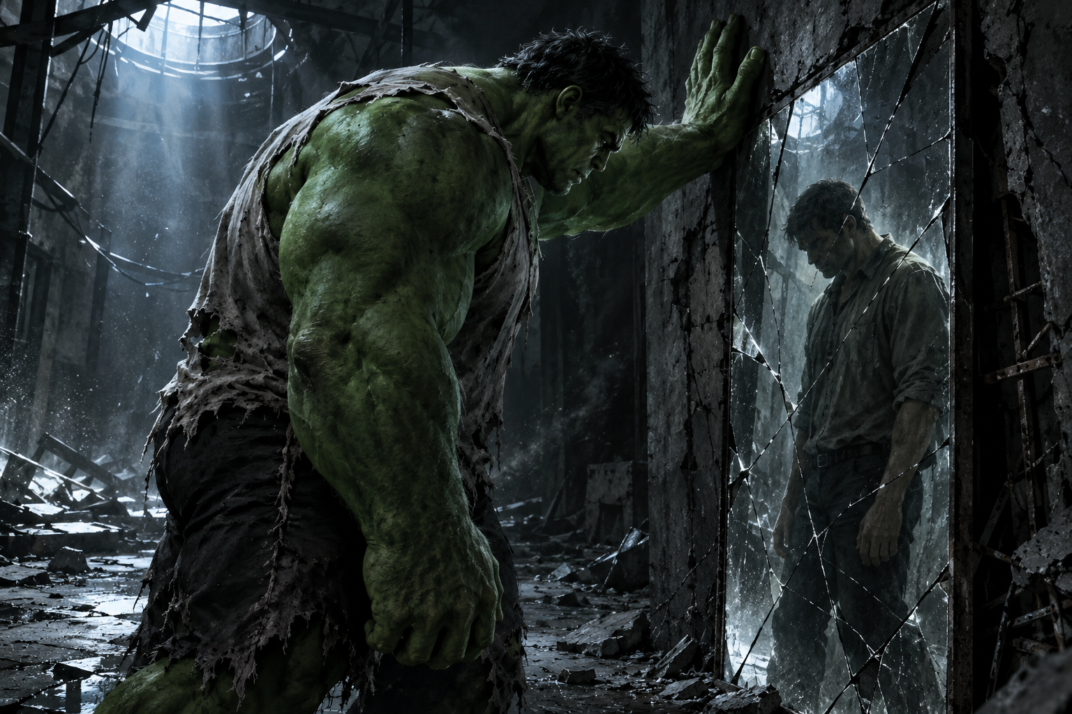 An emerald-skinned giant confronts a fractured mirror in which the silhouette of an ordinary human man appears within his reflection.