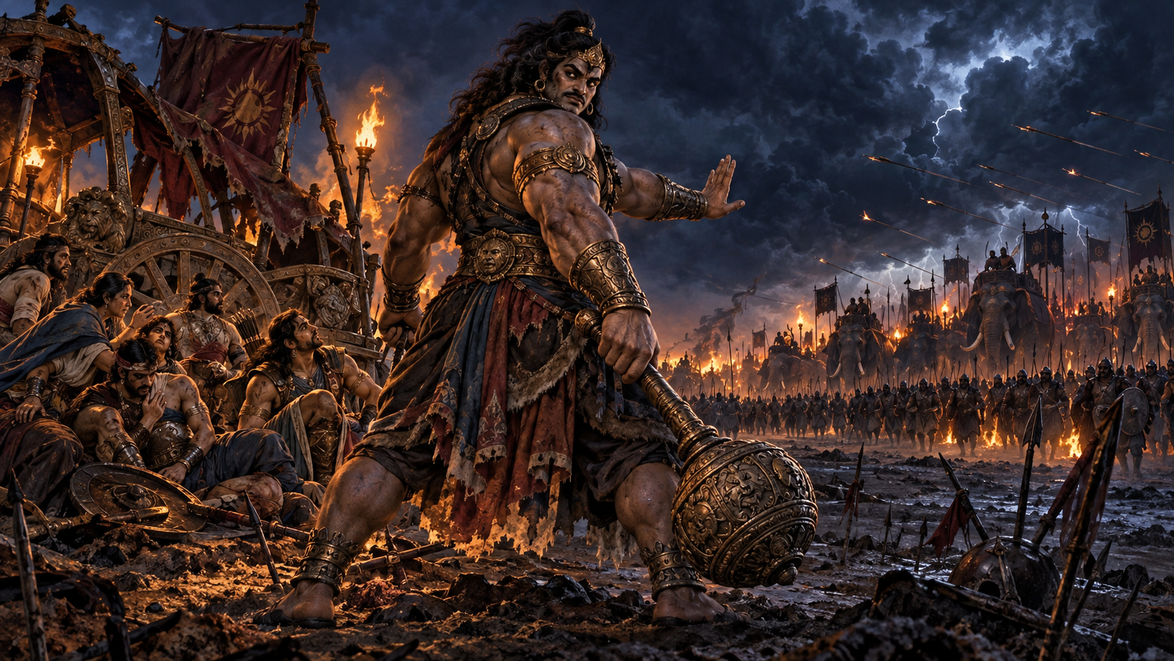 Ghatotkacha stands protectively before allied warriors and a damaged chariot as an enemy force advances across a torchlit battlefield.
