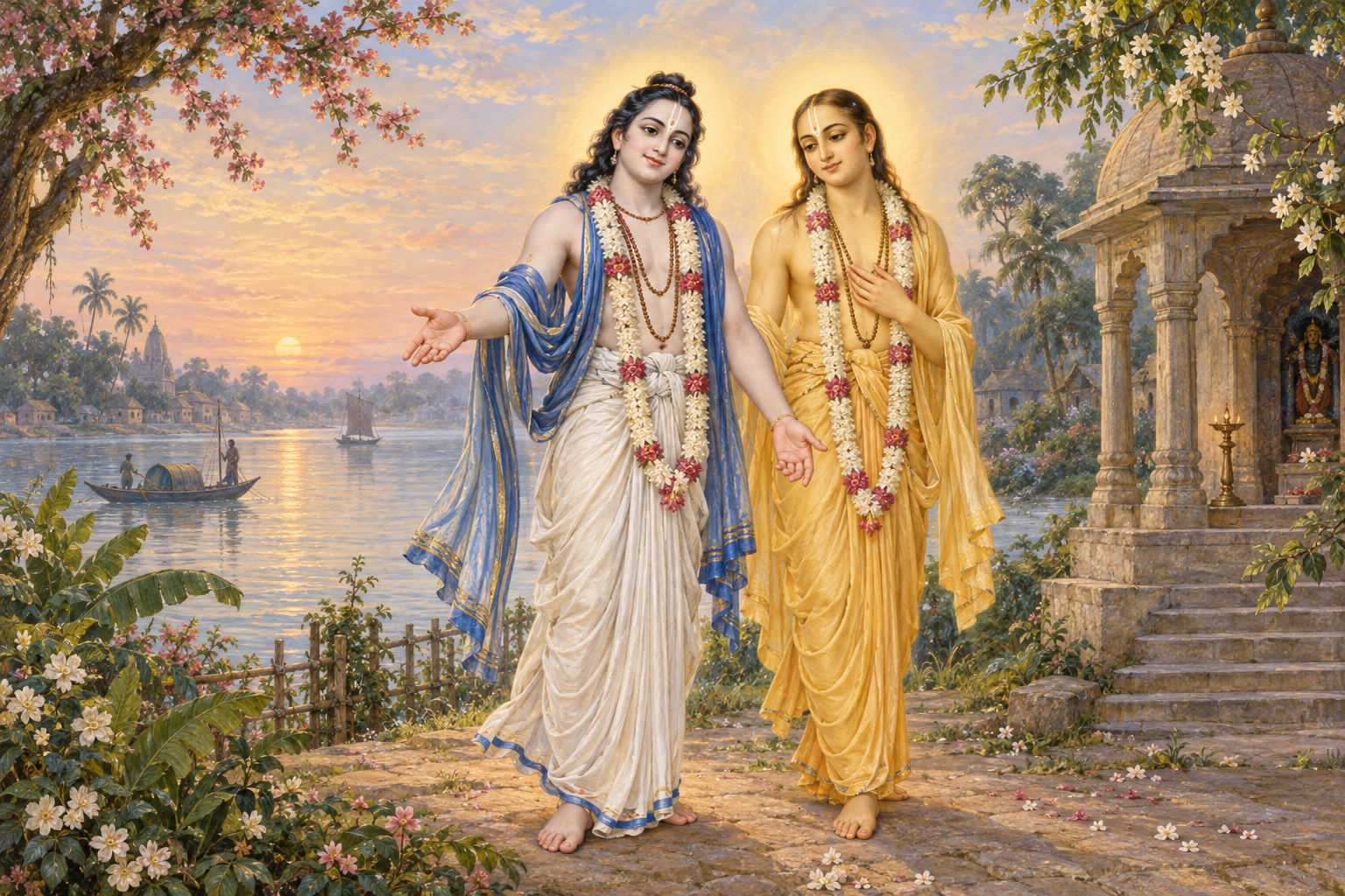 Sri Nityananda and Sri Chaitanya stand together in radiant devotional dress beside the Ganges at dawn.