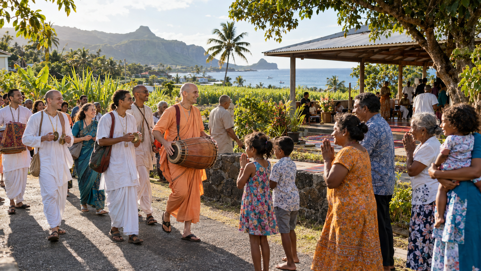 Devotees carrying musical instruments and programme supplies are welcomed by families at an open pavilion in Mauritius.