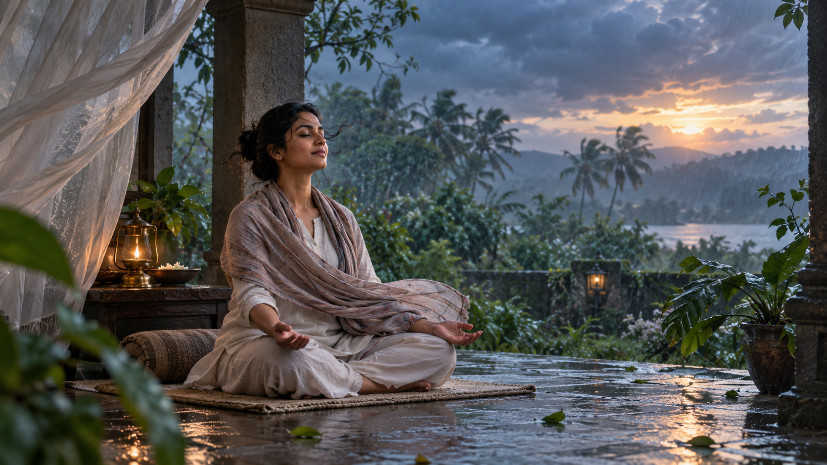A person meditates on a stone veranda at dawn while wind moves a shawl, curtains, and garden leaves beside a glowing oil lamp.