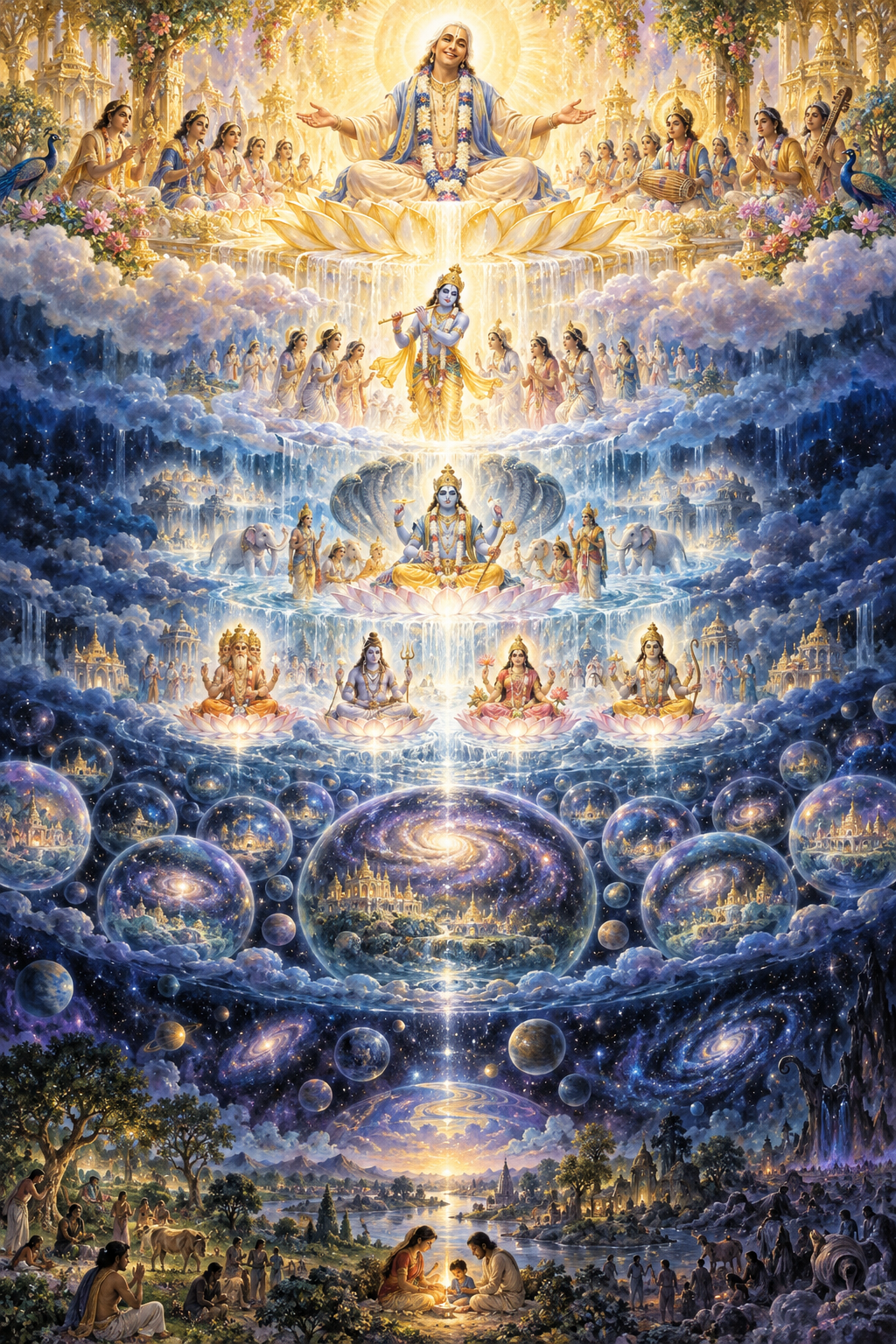 A vertical devotional cosmology shows sacred forms and luminous universes unfolding in succession from Sri Nityananda.