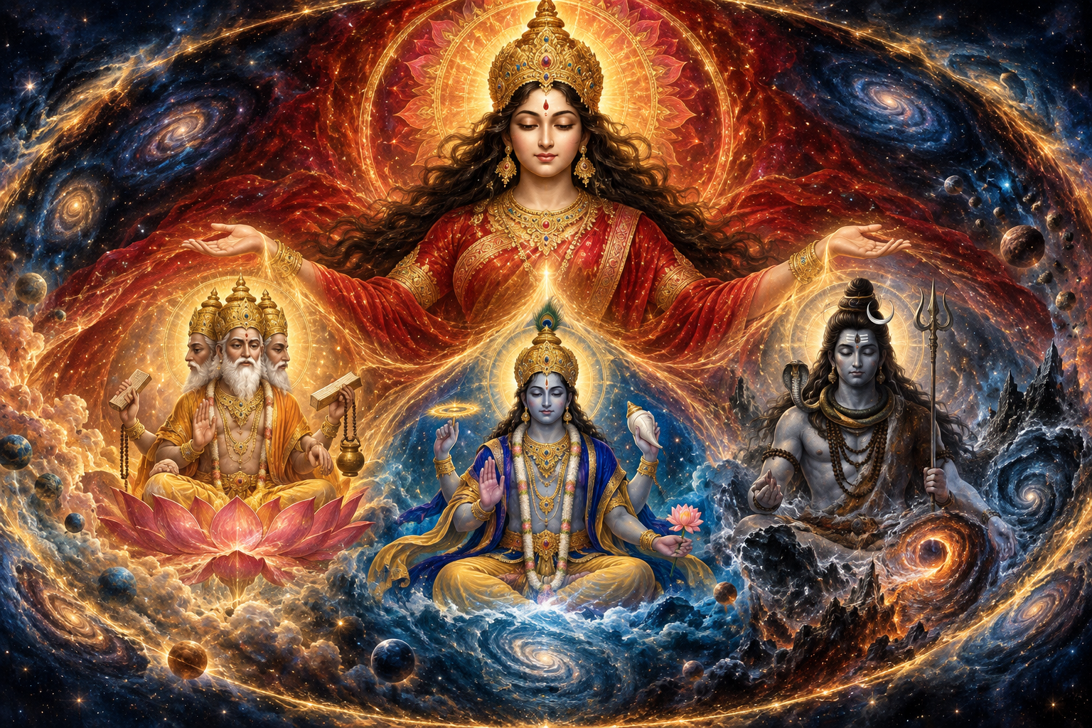 Adi Shakti appears as a radiant feminine figure at the center of a cosmic field, with Brahma, Vishnu, and Shiva emerging around her amid lotus motifs, elemental light, and forming galaxies.
