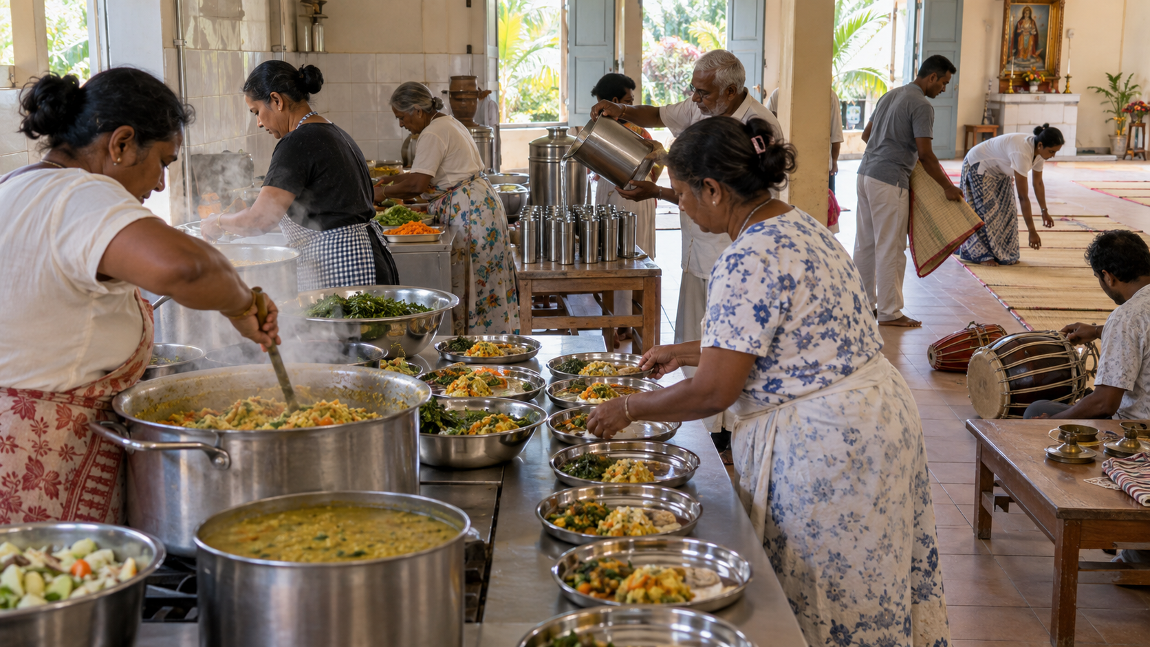 Volunteers prepare a vegetarian meal, arrange plates and organize instruments for a travelling devotional programme.
