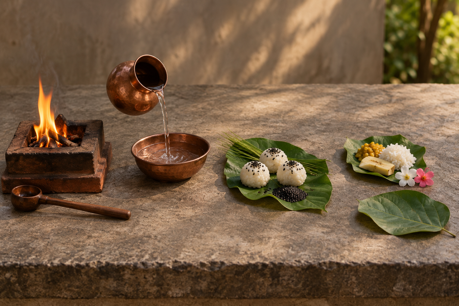 Separate groupings show a fire altar, a copper water offering, rice balls on leaves, and a simple food offering with flowers.