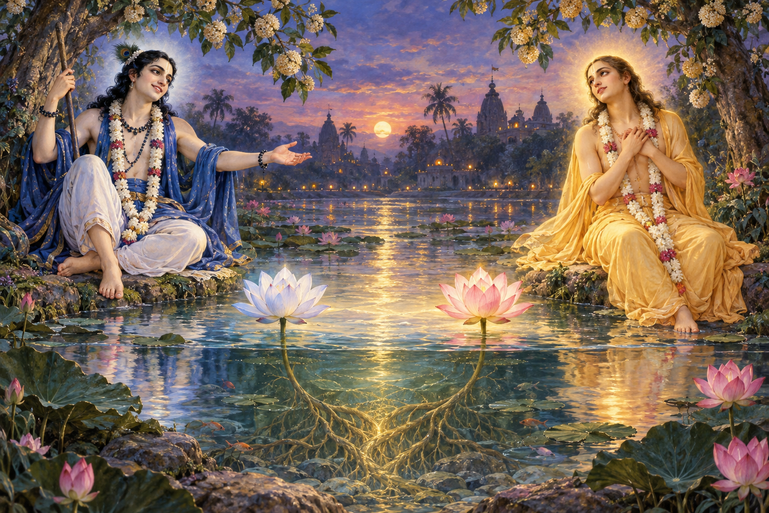 Sri Nityananda and Sri Chaitanya appear as distinct figures whose overlapping light is reflected around two lotuses sharing one root.