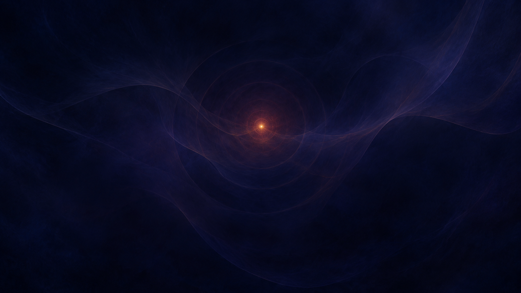 A small golden-crimson light glows within a vast dark indigo expanse, surrounded by faint concentric waves and translucent veils, with no stars, planets, or landscape.