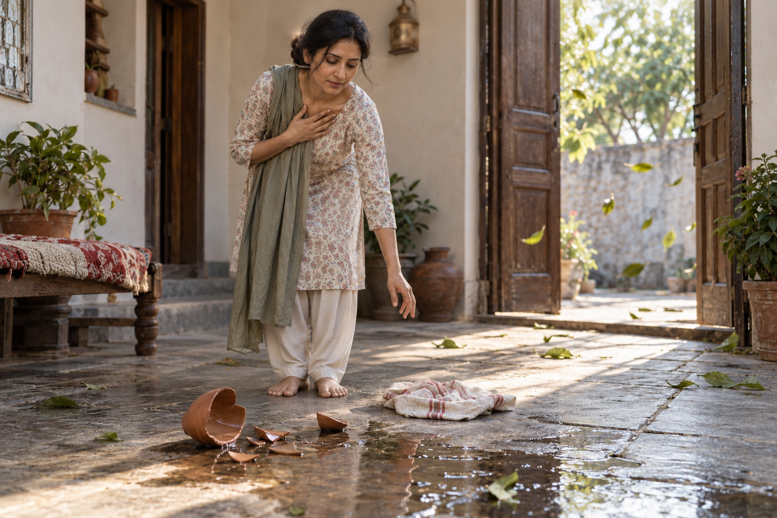 A person stands calmly in a courtyard near a broken clay cup, spilled water, and windblown leaves.