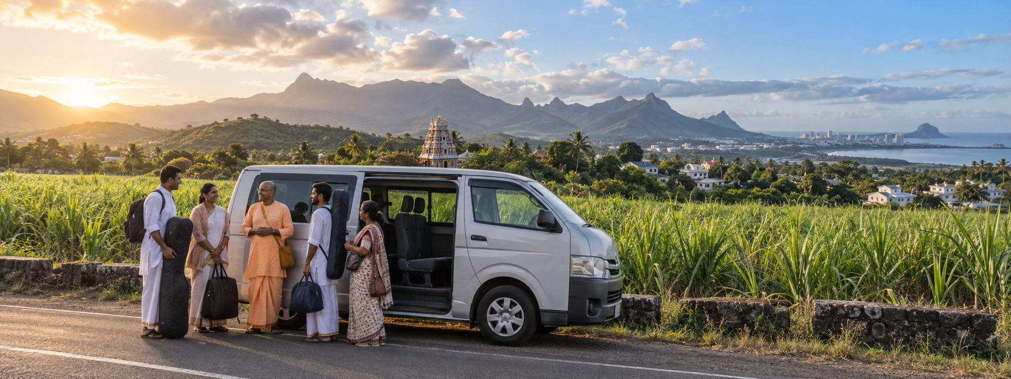 A group of devotees pauses beside an unbranded minibus among Mauritian sugarcane fields, with a temple and volcanic mountains in the distance.