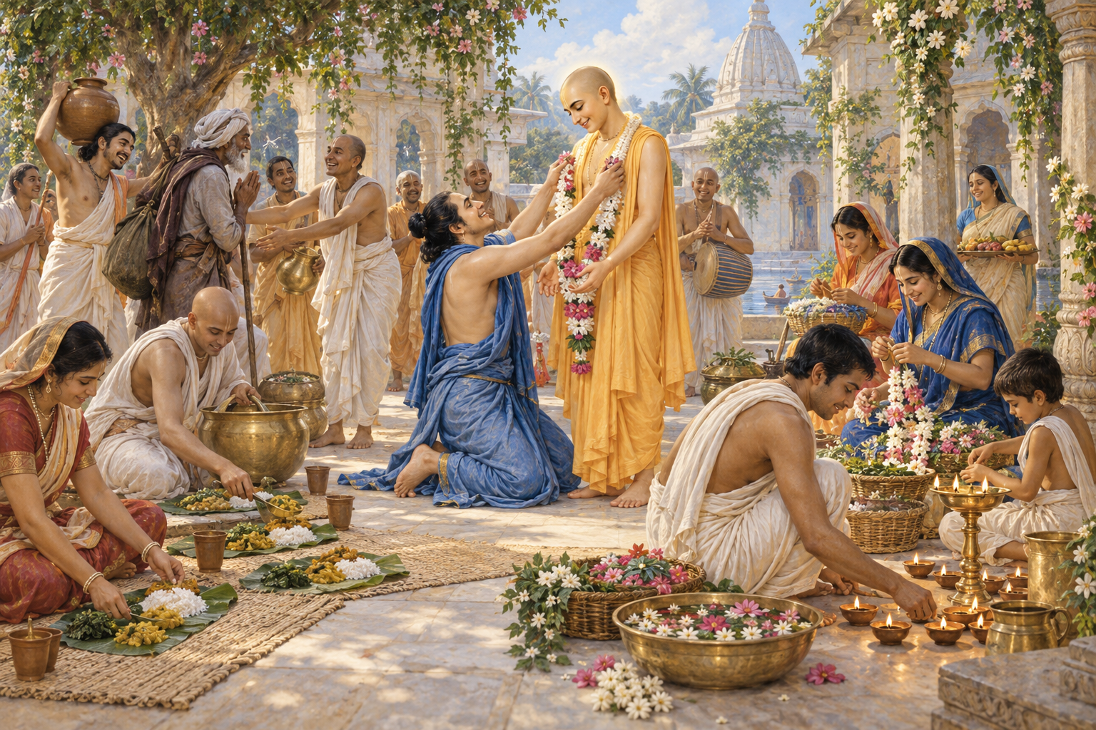 Sri Nityananda offers a flower garland to Sri Chaitanya as devotees share acts of service in a temple courtyard.