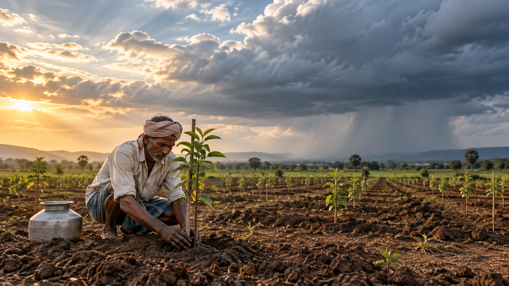 A farmer plants a young sapling in an open field beneath a sky containing both sunlight and distant rain clouds.